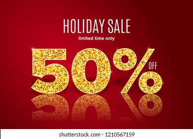 Golden realistic holiday sale 50% off with shadow on red background. Limited time only. Template for a banner, poster, shopping, discount, invitation. Vector illustration for your design