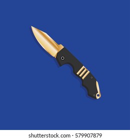 Golden realistic jackknife vector illustration. Gold knife logo.