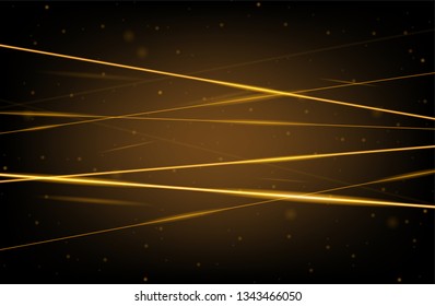 Golden realistic laser beam background. Laser rays iolated on black background. Modern style abstract. Bright shiny lasers pattern. Vector illustration