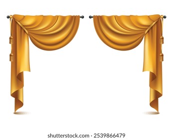 Cortinas de luxo realísticas douradas decoração cornice tecido doméstico cortinas interior lambrequin têxtil. Golden Realistic luxo cortina decoração cornija | Interior cortinas com tecido dourado de luxo