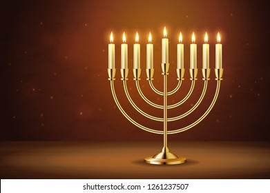 Golden realistic menorah, candlestick with burning candles, Hanukkah holiday, celebration, candelabrum, traditional Israel decoration, vector illustration