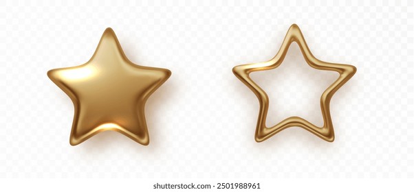 Golden realistic metallic stars isolated. Glossy yellow 3D trophy star icon. Christmas stars template