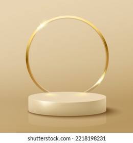 Golden Realistic Podium with Golden Ring Frame. Vector Illustration.