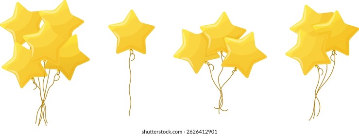 Golden realistic star shaped helium balloons cartoon set. Shiny air inflatable toy bunch, bouquet celebration. Vector decoration for party, birthday, award, kid holiday