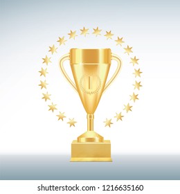 Golden realistic Trophy cup or goblet with number one, laurel wreath and gold stars in a circle on textured gilded stand isolated on white background. Vector illustration