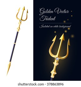Golden Realistic Vector Trident Isolated on White Background. Vector Illustration EPS10.