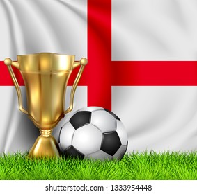 Golden realistic winner trophy cup and soccer ball isolated on national ENGLAND flag. National team is the winner of the football.Cup winner in the form of a golden bowl.Sport design background.EPS 10