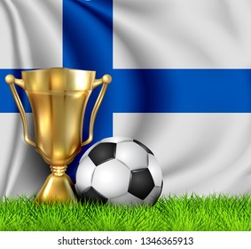 Golden realistic winner trophy cup and soccer ball isolated on national FINLAND flag. National team is the winner of the football.Cup winner in the form of a golden bowl.Sport design background.EPS 10