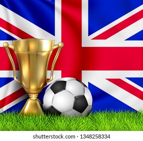 Golden realistic winner trophy cup and soccer ball isolated on national UNITED KINGDOM flag. National team is the winner of the football.Cup winner in the form of a golden bowl.Sport design background