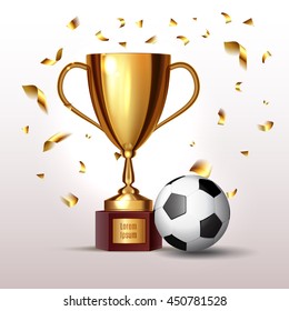 Golden realistic winner trophy cup and soccer ball isolated on white background with gold confetti. Vector illustration. EPS 10