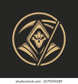 Golden Reaper Emblem with Scythe Design on Black Background