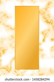 Golden rectangle card on marble background. Wedding invitation design. Geometric frame. Brochure, cover template. Vector
