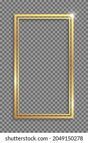 Golden rectangle double frame with shadows and highlights isolated on a transparent background.