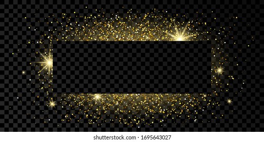 Golden rectangle frame with glitter, sparkles and flares on dark transparent  background. Empty luxury backdrop. Vector illustration.