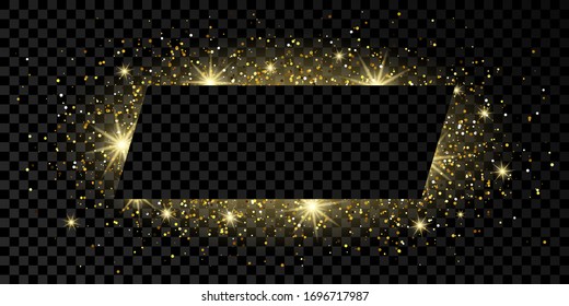Golden rectangle frame with glitter, sparkles and flares on dark transparent  background. Empty luxury backdrop. Vector illustration.