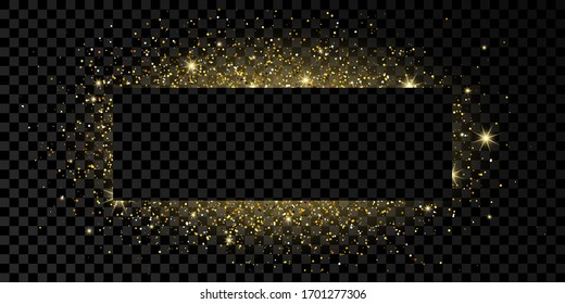 Golden rectangle frame with glitter, sparkles and flares on dark transparent  background. Empty luxury backdrop. Vector illustration.