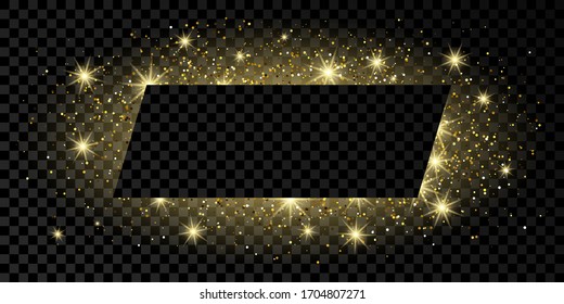 Golden rectangle frame with glitter, sparkles and flares on dark transparent  background. Empty luxury backdrop. Vector illustration.