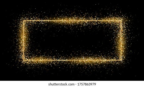 Golden rectangle frame with glitter, sparkles and flares on dark background. Empty luxury backdrop. Vector illustration.