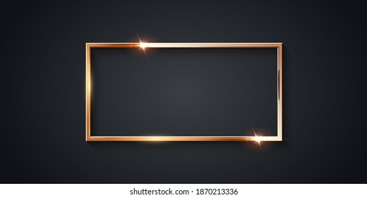 Golden rectangle frame for picture on gray background. Blank space for picture, painting, card or photo. 3d realistic modern template vector illustration. Simple gold object on wall.