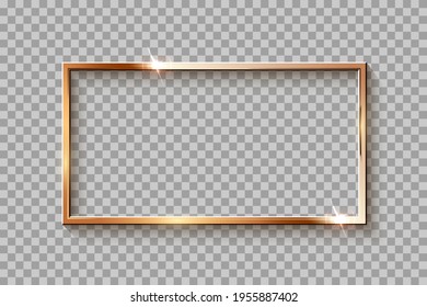 Marco rectangular dorado para la imagen sobre fondo transparente. Espacio en blanco para imágenes, pintura, tarjeta o foto. Ilustración vectorial de plantilla moderna y realista. Simple burla de objetos de oro.
