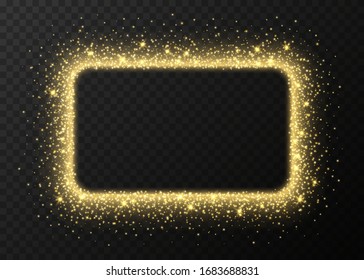 Golden rectangle frame with sparkles and flares, abstract luminous particles, yellow stardust light effect isolated on a dark background. Xmas glares and sparks. Luxury backdrop. Vector illustration.