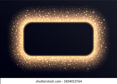 Golden rectangle frame with sparkles and flares, abstract luminous particles, cosmic background with bright stardust. Glowing border with glitter. Vector light effect. Luxury backdrop.