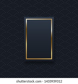 Golden rectangle frame template with text space. Elegant border with shiny gradient effect. Chinese oriental waves pattern web banner background. Abstract black invitation vector layout