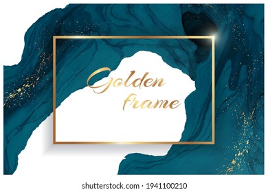 Golden rectangle frame with turquoise watercolor wave or fluid art in alcohol ink style with glitter on a white background.