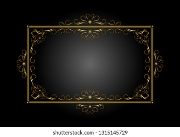 Golden rectangle shaped frame of strokes, with a pattern of golden calligraphic curves and curls on a black background
