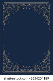 Quadro retangular dourado com nuvens e estrelas no plano de fundo azul escuro. Elemento de desenho desenhado à mão de vetor