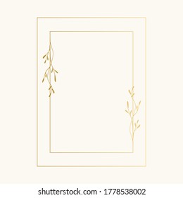 Golden rectangular frame with hand drawn herbs. Wedding ornate illustration. Vector.