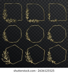 Golden rectangular frame highlights elegant layout elements.
Dark background enhances thin shimmering gold lines.
Vector arch frame suits wedding or formal invitations.
Line art border 