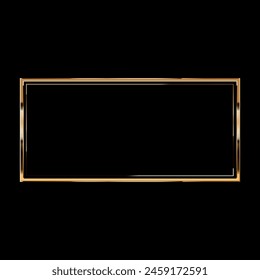 Golden rectangular frame for an image on a black background. Empty space for an image, painting, postcard or photograph. 3D realistic modern vector illustration of rectangular template