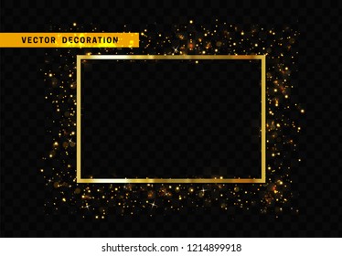 Golden rectangular frame isolated on transparent background. Glitter border shining particles, of light effects