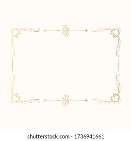 Golden rectangular frame with ornate  vintage corners.  Hand drawn gold Victorian border. Vector isolated wedding invitation template.