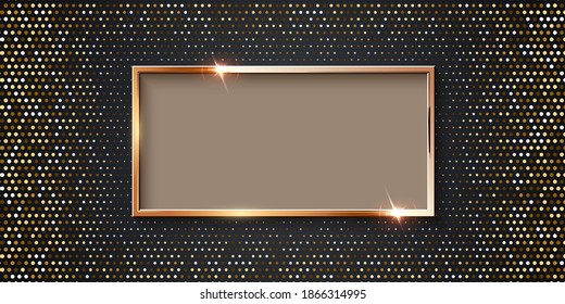 Golden rectangular frame for picture on halftone background. Blank space for picture, painting, card or photo. 3d realistic modern template vector illustration. Simple gold object on wall.