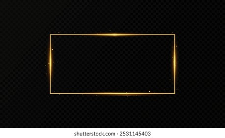 
Golden rectangular light frame. Vector golden frame with light effects. Golden glow line frame with sparks and spotlight light effects.