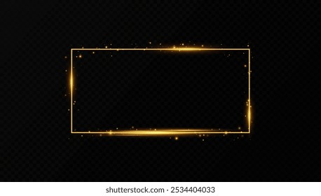 Golden rectangular light frame. Vector golden frame with light effects. Golden glow line frame with sparks and spotlight light effects.