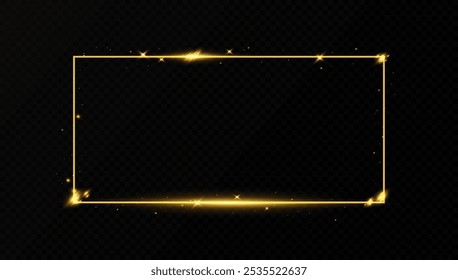 Golden rectangular light frame. Vector golden frame with light effects. Golden glow line frame with sparks and spotlight light effects.
