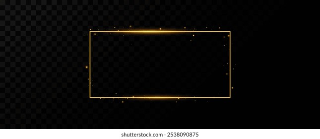 Golden rectangular light frame. Vector golden frame with light effects. Golden glow line frame with sparks and spotlight light effects.