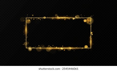 Golden rectangular light frame. Vector golden frame with light effects. Golden glow line frame with sparks and spotlight light effects.