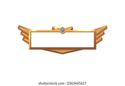 Golden rectangular shape frame decorated with gem. Vector cartoon bronze evolution level mockup border for fantasy RPG gaming. Vintage gold metal rank button element for interface ui ux game