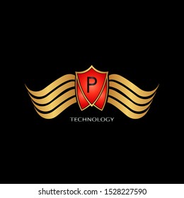 Golden Red  Abstract Shield on Wing letter P  logo icon design concept for technology business or more brand identity.