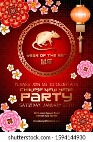 Golden red Chinese New Year of the Rat Party 2020 vector invitation card layout. Golden mouse in ornamental ring, flowers and chinese motifs. Hieroglyph Translation: Year of the Rat.
