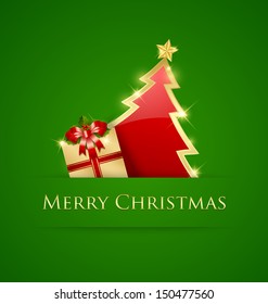 Golden and red Christmas tree and gift decoration on green background