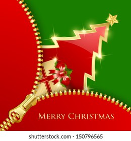 Golden and red Christmas tree and gift decoration with unzipped zipper on green background