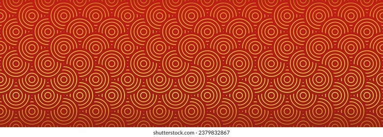 Golden and Red Circles Pattern. Seamless Oriental Design for Lunar New Year. Traditional Asian Elegance in Modern Geometric Texture. Vintage Retro Background for Premium Decorative Design.