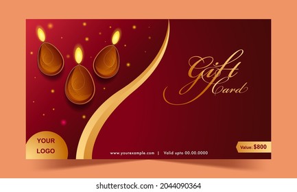 Golden And Red Color Gift Card Or Voucher With Top View Lit Oil Lamps (Diya).