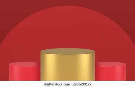Golden red cylinder champion stage composition product marketing advertising 3d design realistic vector illustration. Rounded podium pedestal contest scene studio background geometric level foundation