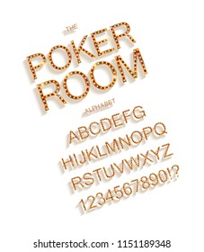 Golden and red entertainment or casino letters with bulb lamps. Poker style font. On white background. Vector illustration